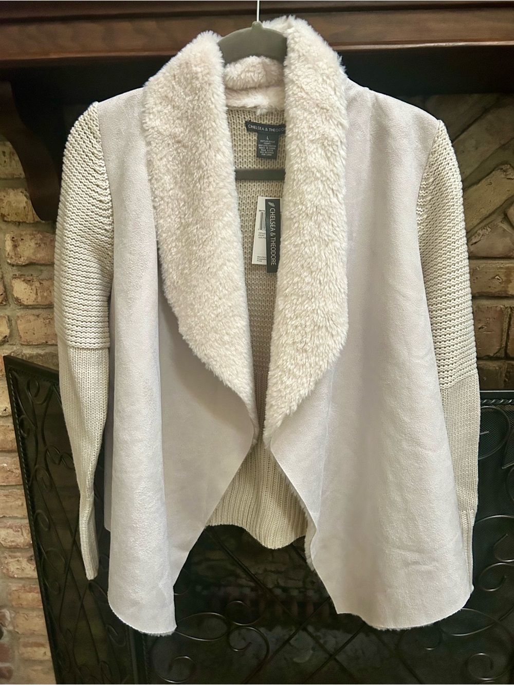 Chelsea & Theodore Cream Faux-Shearling Open-Front Draped Cardigan